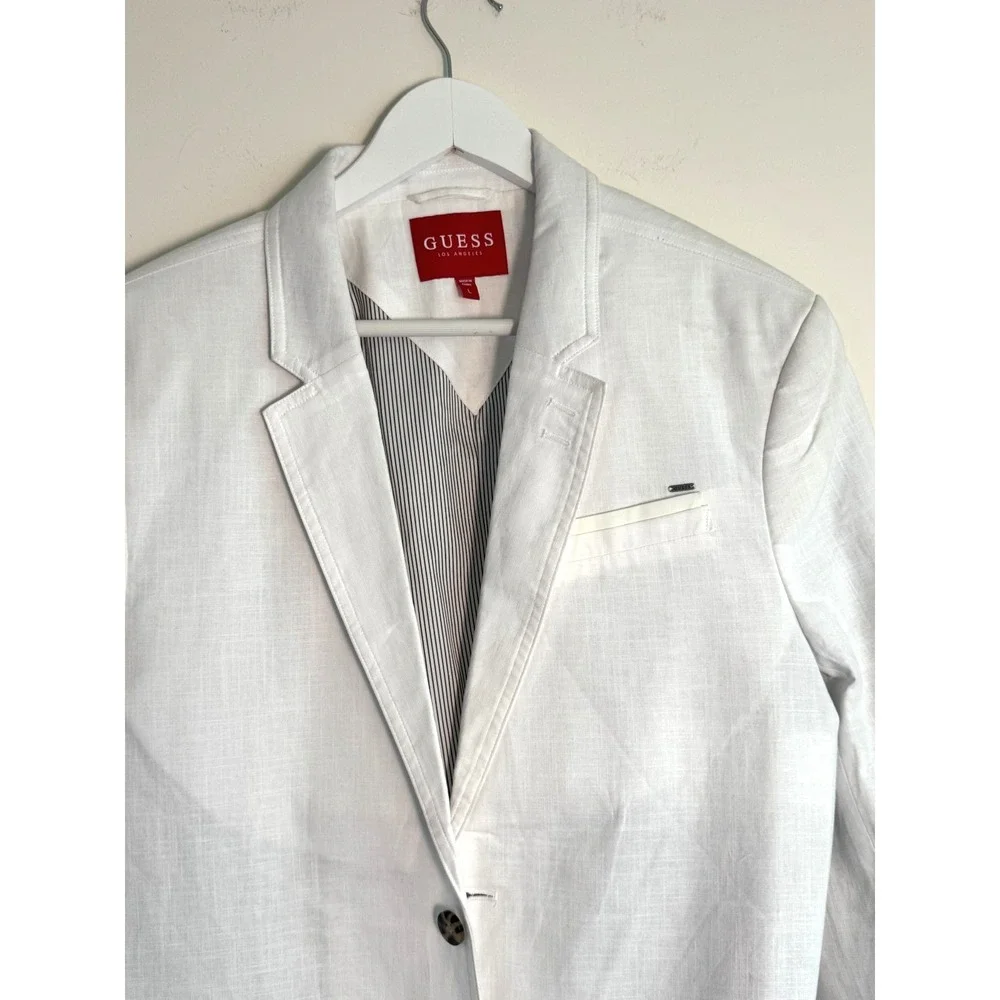 Guess Mens White Linen Blend Single Breasted Blazer Sport Coat Jacket Lined Sz L